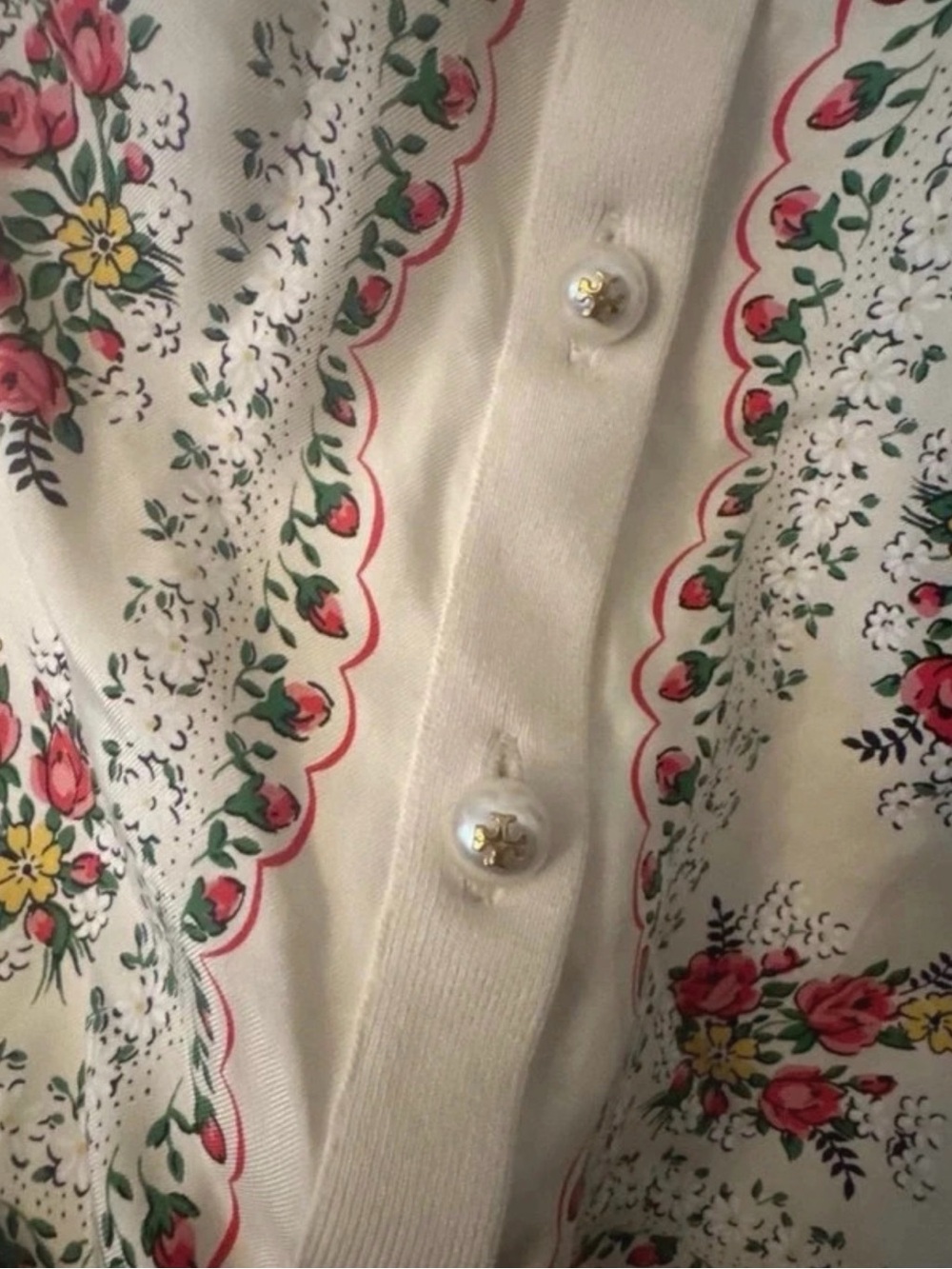 Tory Burch Silk/Cotton Cream Cardigan with Pink and Green Floral Embroidery - Picture 5 of 6